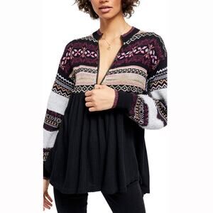 Free People Cozy Cottage Sweater Fair Isle Black Gold Half Zip Tunic Small $128